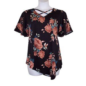 NEW Avenue 22/24 Floral Asymmetrical Short Flutter Sleeves Top